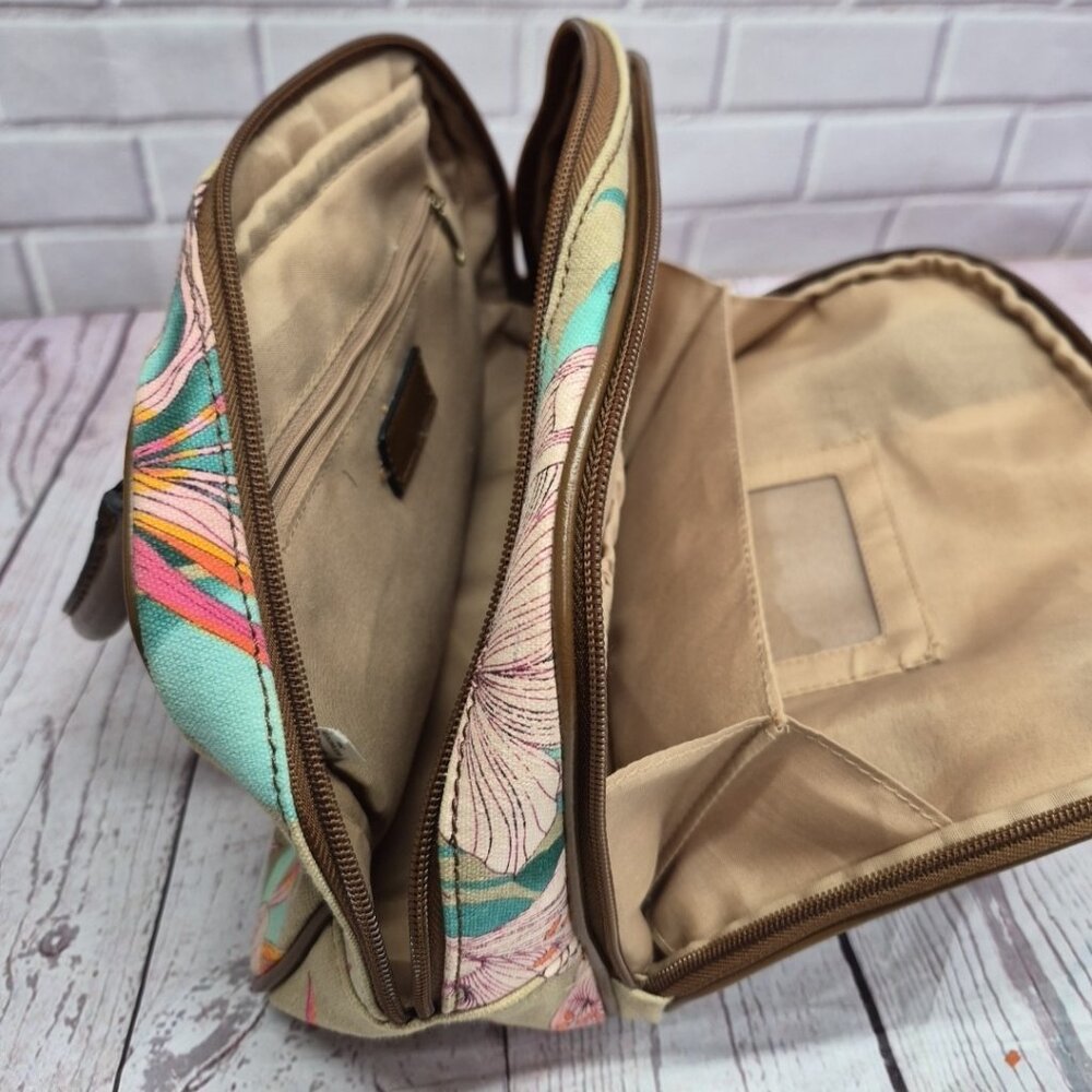 Jaclyn Smith Lily Canvas Handbag Purse Colorful Floral And Brown Pockets - Picture 8 of 10